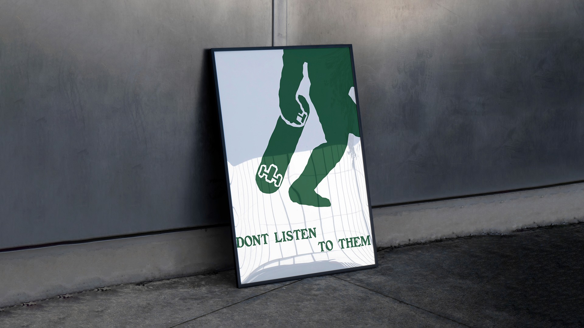 Conspiracy Board Shop poster leaning against a wall: Don't listen to them