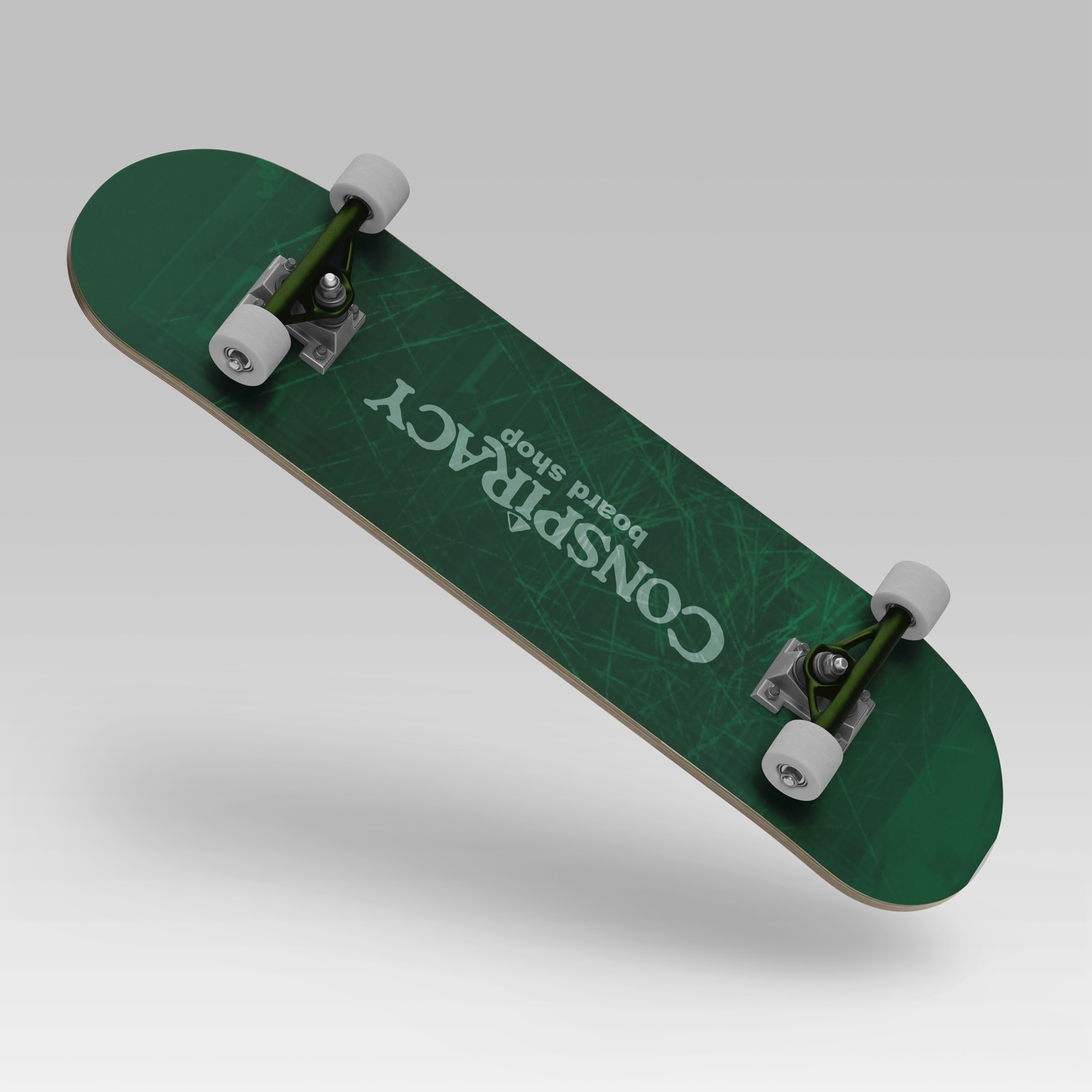 A Conspiracy Board Shop deck floating at an angle