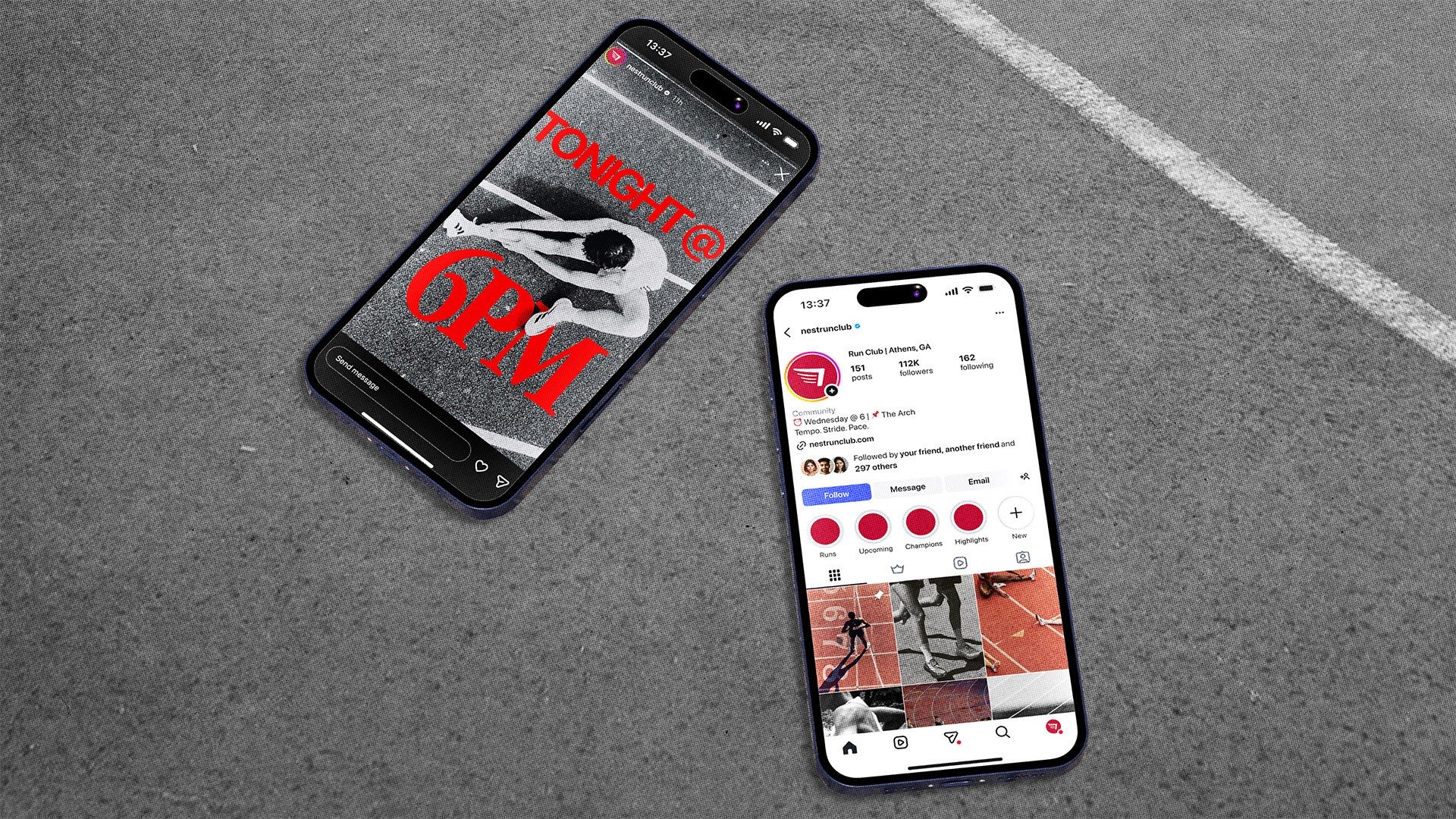 Illustrative brand-in-action mockup of a Nest Run Club Instagram profile and story, not real account figures
