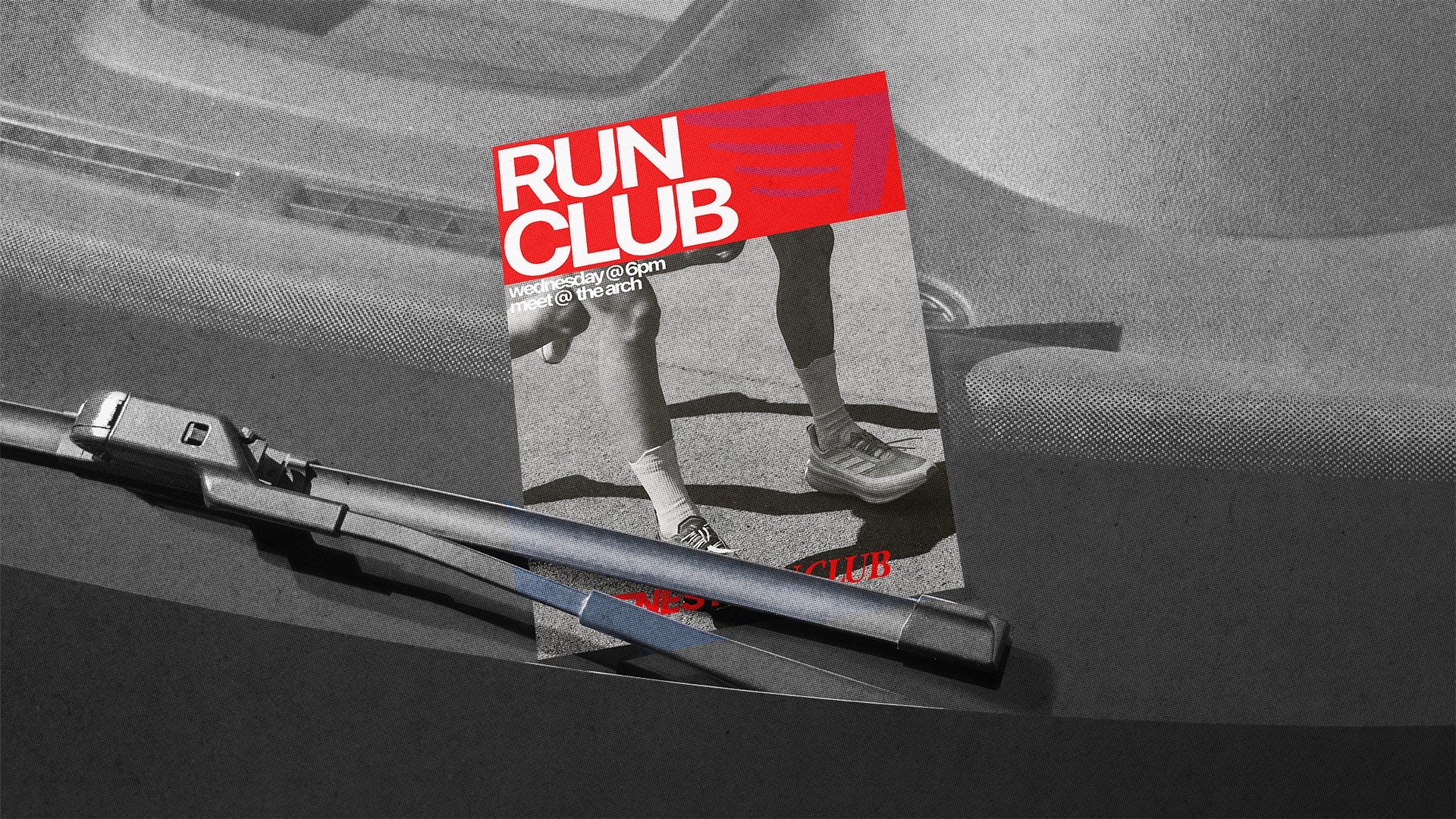Nest Run Club flyer on a car windshield, wednesday 6pm meet at the Arch
